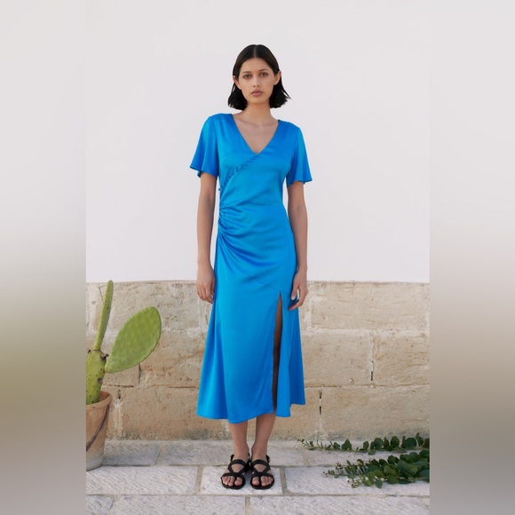 JAAF Gathered Midi Dress in Vivid Blue - Picture 1 of 15